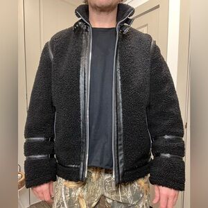 Karl Lagerfeld Paris Black Faux Shearling Jacket with Vegan Leather Trim Mens L